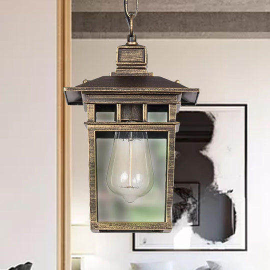 Industrial Lantern Outdoor Pendant Lamp With Metal And Clear Glass - 1 Light In Black/Bronze/Gold