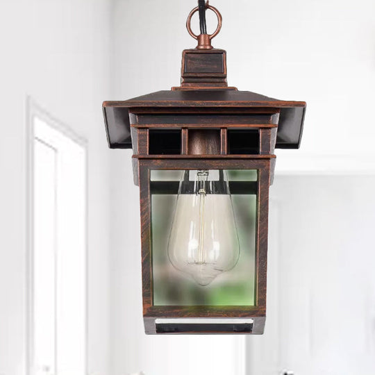 Industrial Lantern Outdoor Pendant Lamp With Metal And Clear Glass - 1 Light In Black/Bronze/Gold