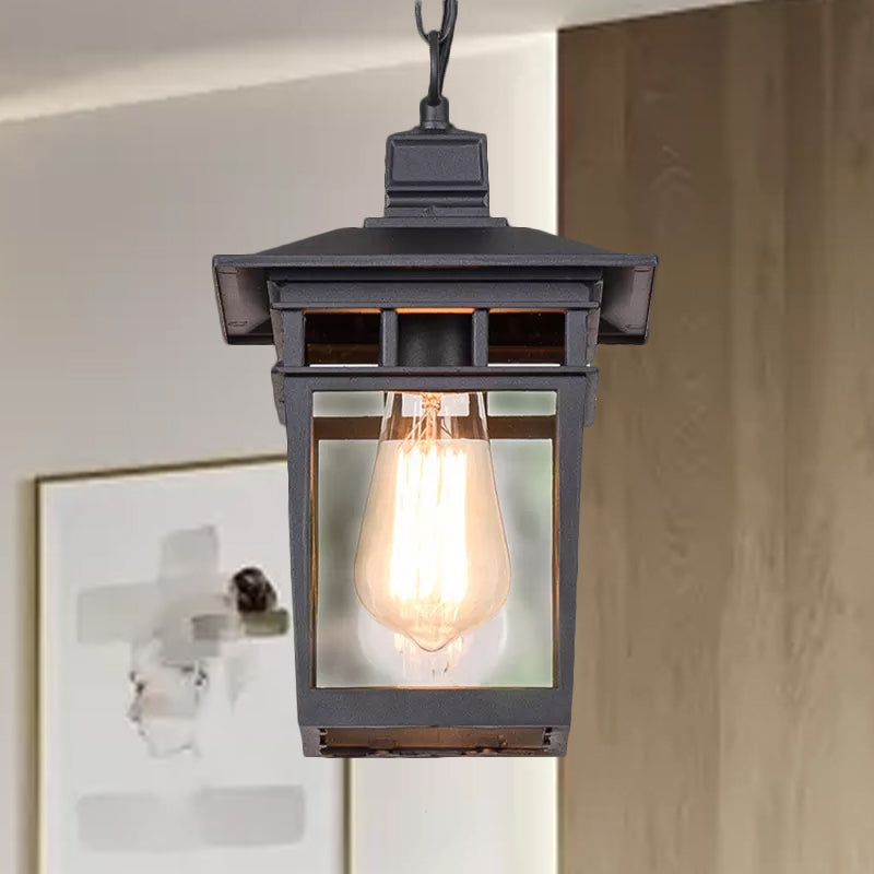 Industrial Lantern Outdoor Pendant Lamp With Metal And Clear Glass - 1 Light In Black/Bronze/Gold