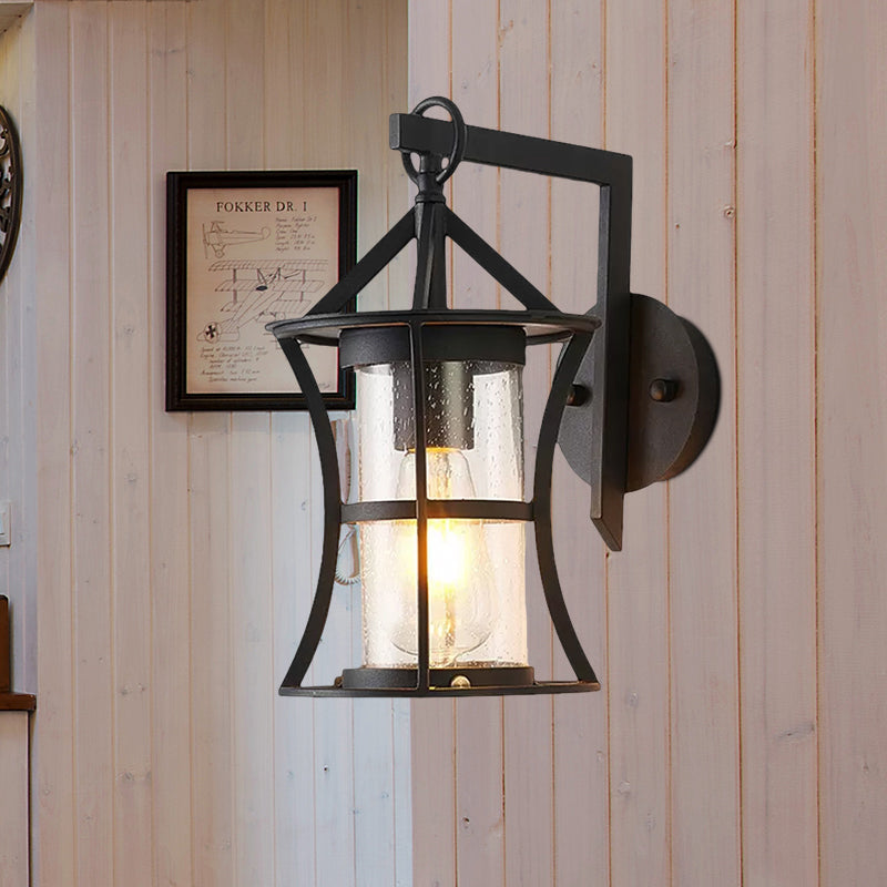 Black Industrial Sconce Light With Clear Glass Cylinder And Rectangle/Round Backplate