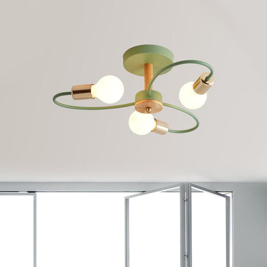 Metal Swirl Industrial Semi Flush Mount Lighting in Grey/Green - 3/6 Lights for Living Room Ceiling