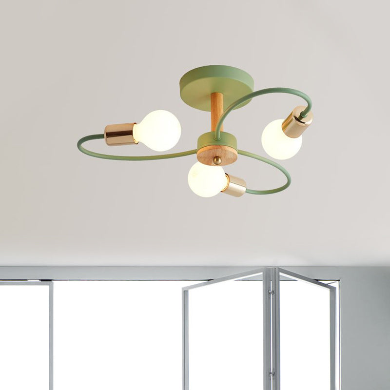 Metal Swirl Industrial Semi Flush Mount Lighting In Grey/Green - 3/6 Lights For Living Room Ceiling