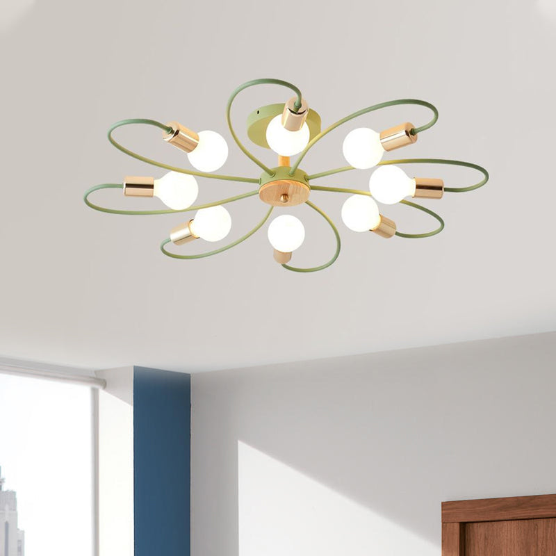 Metal Swirl Industrial Semi Flush Mount Lighting in Grey/Green - 3/6 Lights for Living Room Ceiling