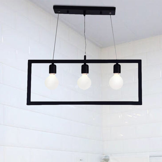 Industrial Style Rectangular Pendant Light With Black Metal Frame - 3/5 Lights Ceiling Hanging