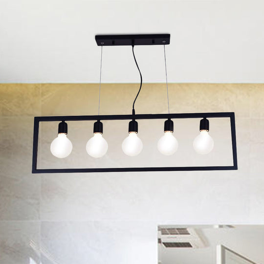 Industrial Style Rectangular Pendant Light With Black Metal Frame - 3/5 Lights Ceiling Hanging