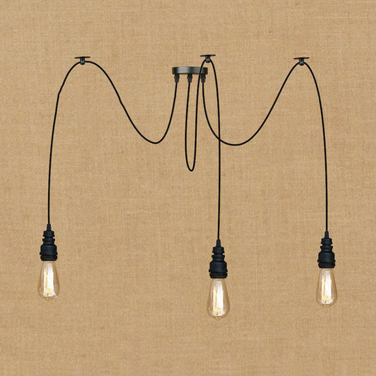 Industrial Swag Hanging Lamp with Exposed Bulb - Black Metal Pendant Light (2/3 Heads)