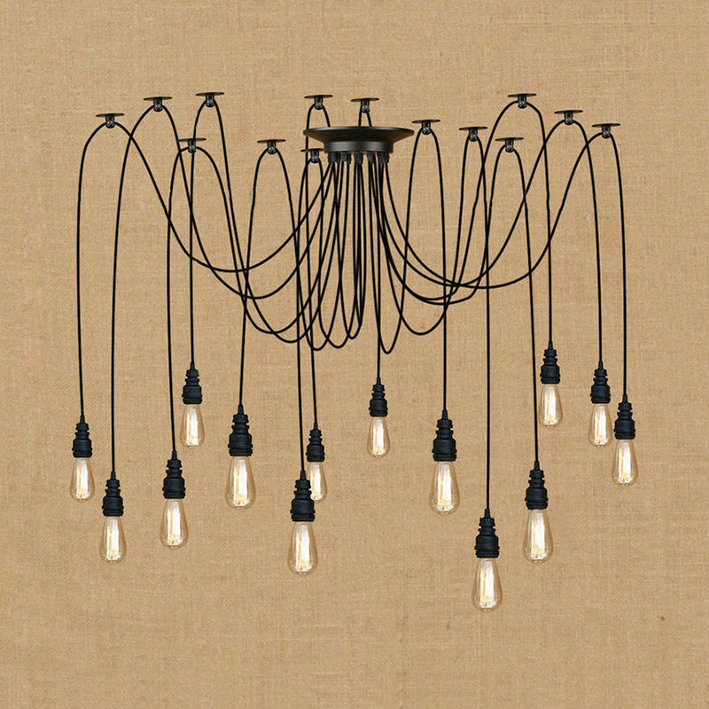 Industrial Swag Hanging Lamp with Exposed Bulb - Black Metal Pendant Light (2/3 Heads)