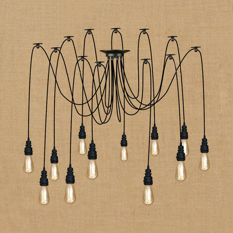 Industrial Swag Hanging Lamp with Exposed Bulb - Black Metal Pendant Light (2/3 Heads)