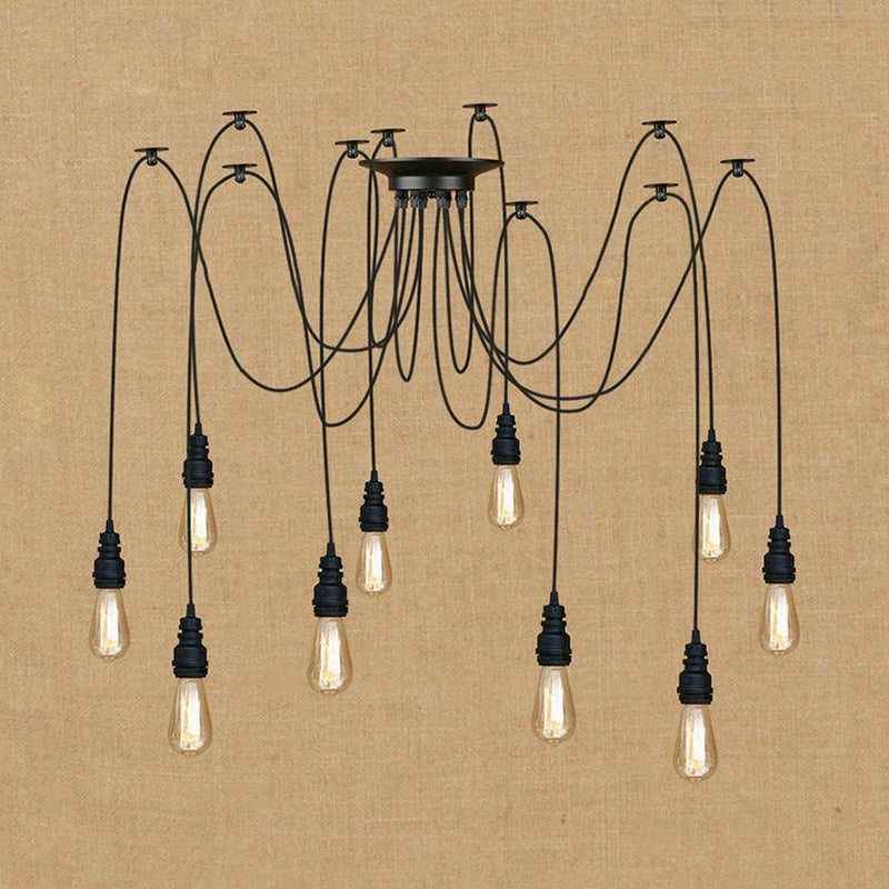 Industrial Swag Hanging Lamp with Exposed Bulb - Black Metal Pendant Light (2/3 Heads)