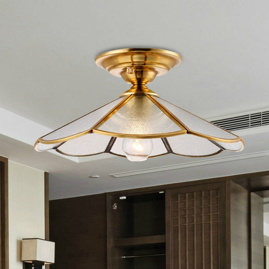 Industrial Brass Hammered Glass Semi Flush Ceiling Mount Light with Cone/Wide Flare Shade