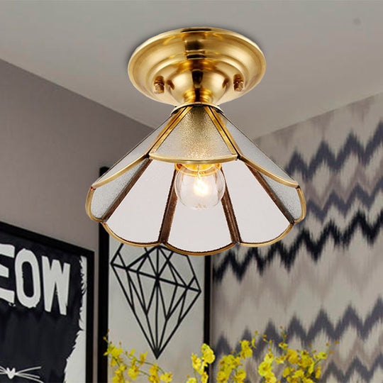 Industrial Brass Hammered Glass Semi Flush Ceiling Mount Light with Cone/Wide Flare Shade