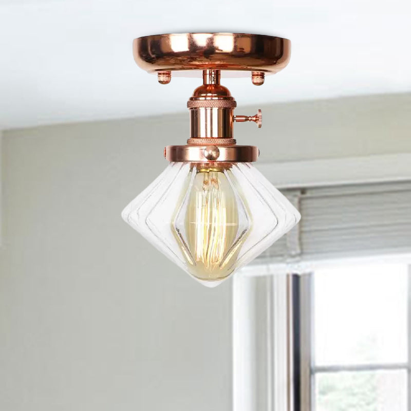 Semi Flush Mount Industrial Ceiling Light Fixture with Globe/Wide Flare/Diamond Design and Clear/Amber Glass Shade