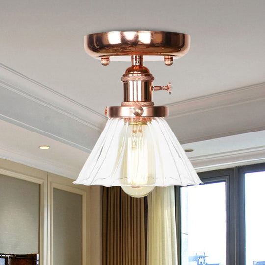 Semi Flush Mount Industrial Ceiling Light Fixture with Globe/Wide Flare/Diamond Design and Clear/Amber Glass Shade