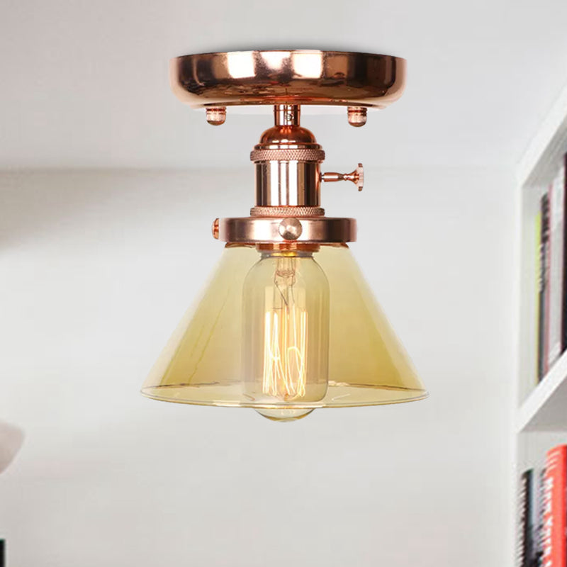 Semi Flush Mount Industrial Ceiling Light Fixture with Globe/Wide Flare/Diamond Design and Clear/Amber Glass Shade