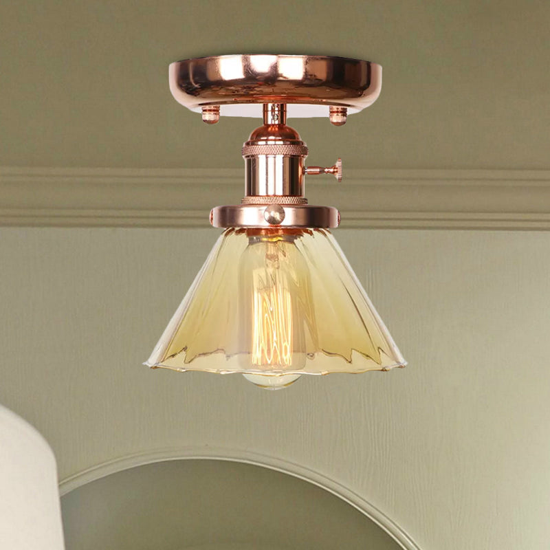 Semi Flush Mount Industrial Ceiling Light Fixture with Globe/Wide Flare/Diamond Design and Clear/Amber Glass Shade