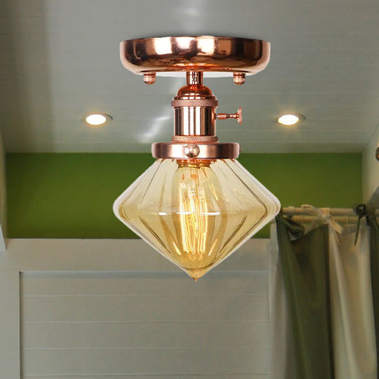 Semi Flush Mount Industrial Ceiling Light Fixture with Globe/Wide Flare/Diamond Design and Clear/Amber Glass Shade