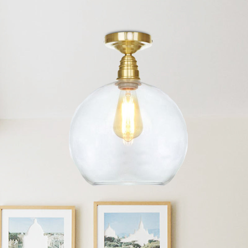 Spherical Brass Industrial Semi Flush Light: Clear/Amber Glass Ceiling Mount, 8"/10"/12" Wide