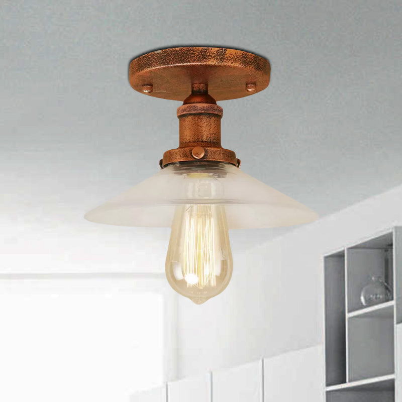 Frosted Glass Saucer Semi Flush Vintage Kitchen Lighting Fixture - 1 Bulb In Black/Brass/Copper