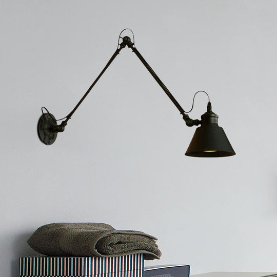 Swing Arm Retro Style Wall Lamp For Study Room - Conic Mount Fixture Black/Chrome Metal Design