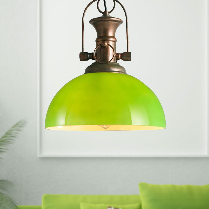 Industrial Dome Pendant Light - 12"/15.5" Wide - White/Green Glass - Rust Finish