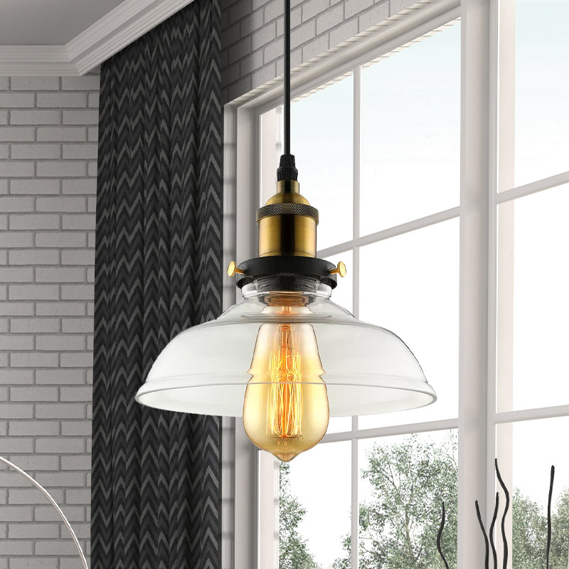 Barn Pendant Light - Industrial 1-Light Prismatic Glass Hanging Lamp in Clear (8"/10"/12" Wide)