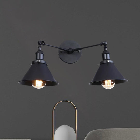 Industrial Vintage 2-Head Farmhouse Wall Mount Light In Black/Brass - Tapered Shade Iron Fixture