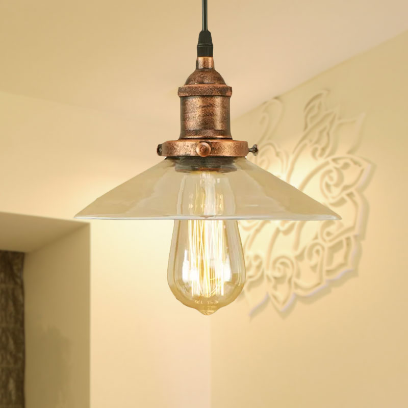 Industrial Cone Pendant Lamp With Clear Glass Shade - Rustic Black/Copper Accent For Living Room