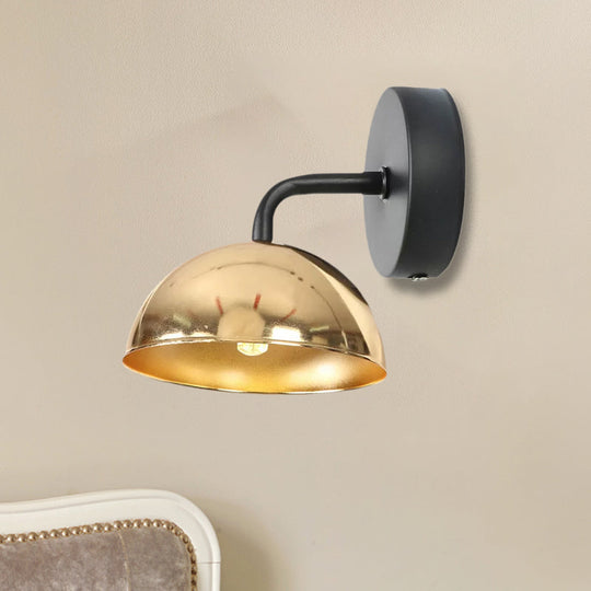 Industrial Dome Shade Metal Wall Sconce - 1 Light Downlight With Curved Arm Black/Brass Finish For