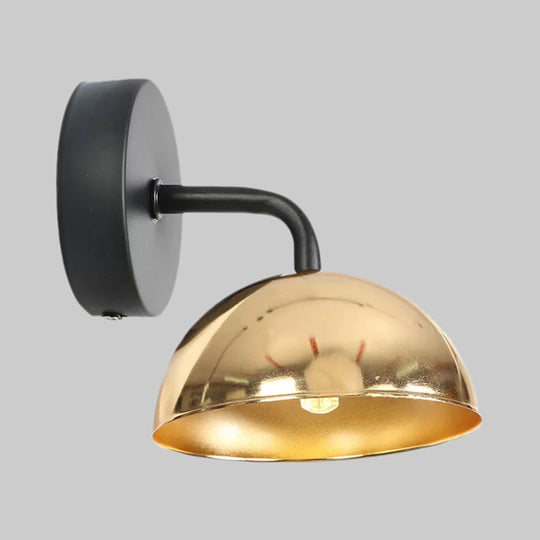 Industrial Dome Shade Metal Wall Sconce - 1 Light Downlight With Curved Arm Black/Brass Finish For