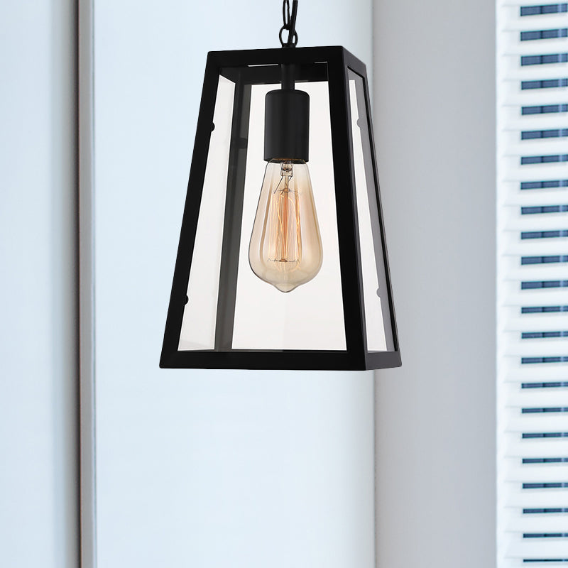 Industrial Trapezoid Pendant Light with Clear Glass & Black Finish, 7"/12" Wide