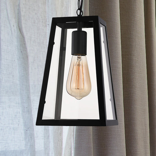 Industrial Trapezoid Pendant Light with Clear Glass & Black Finish, 7"/12" Wide