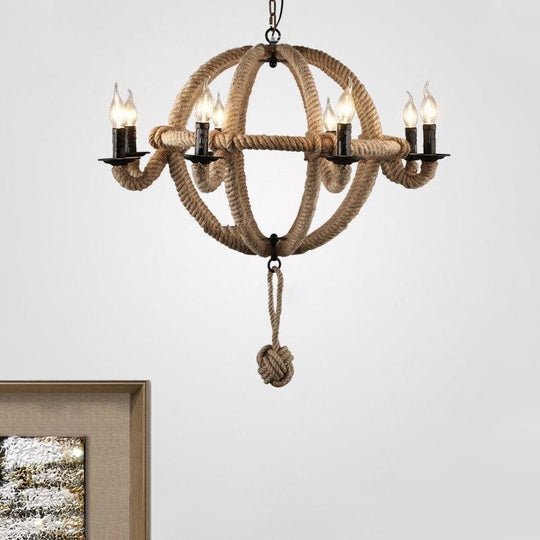 Spherical Chandelier Light Fixture with Rustic Black Finish - Antique Metal Multi-Light Farmhouse Hanging Lamp + Rope/Chain