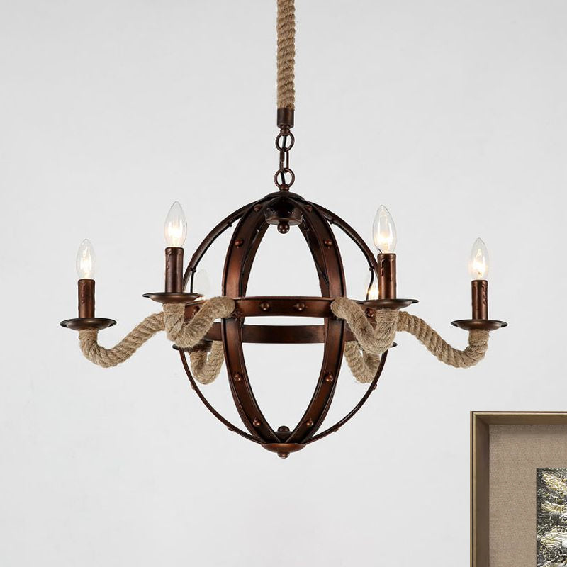 Spherical Chandelier Light Fixture with Rustic Black Finish - Antique Metal Multi-Light Farmhouse Hanging Lamp + Rope/Chain