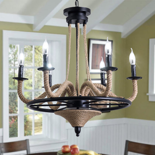 Vintage Wagon Wheel Chandelier With Rope Detail - 6 Bulb Pendant Light Black Metal Hanging Lamp