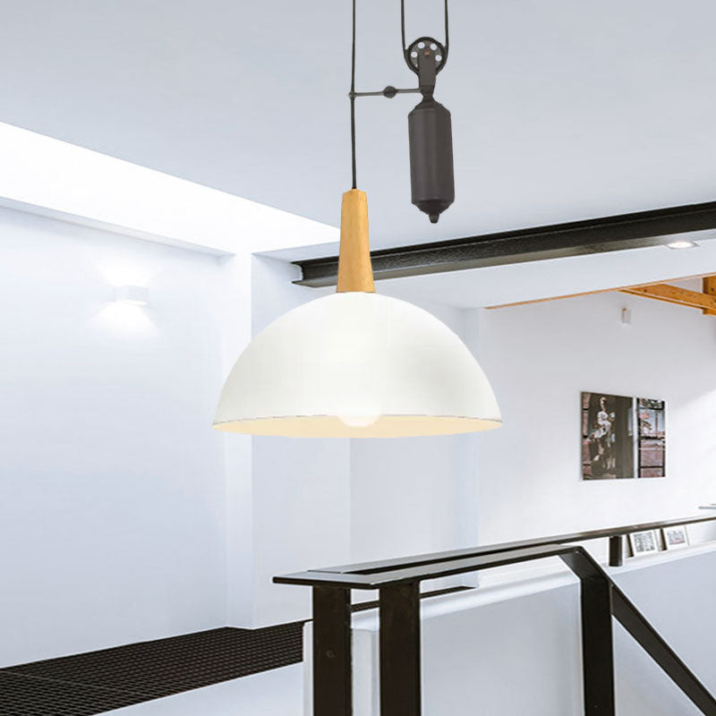 Industrial Style Domed Kitchen Pendant Light with Pulley and Metal Frame – Black/White Hanging Lamp