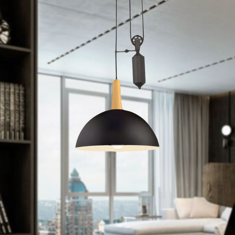 Industrial Style Domed Kitchen Pendant Light with Pulley and Metal Frame – Black/White Hanging Lamp