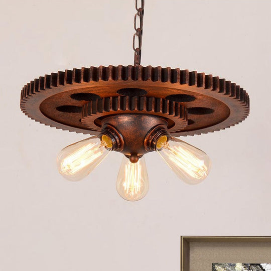 Retro Industrial 3-Head Pendant Light with Dark Rust Finish - Exposed Bulbs, Metal Construction, and Gear Decoration - Ideal for Restaurants' Chandelier Lighting