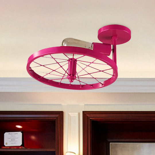 Vintage Farmhouse Ceiling Light with White/Pink Bulb and Wheel Design