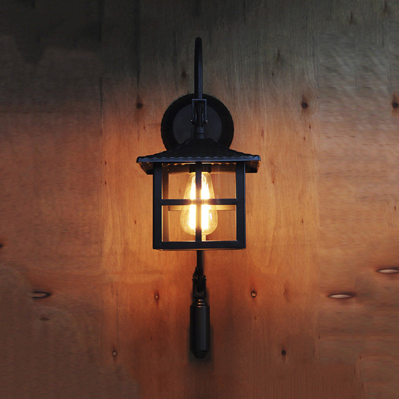 Farmhouse-Style Metal Wall Lamp With Pulley And 1 Light - Square/Rectangle Cage Indoor Décor In