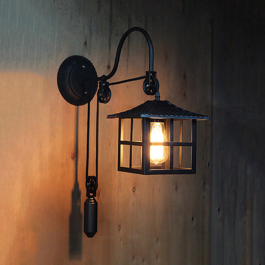 Farmhouse-Style Metal Wall Lamp With Pulley And 1 Light - Square/Rectangle Cage Indoor Décor In