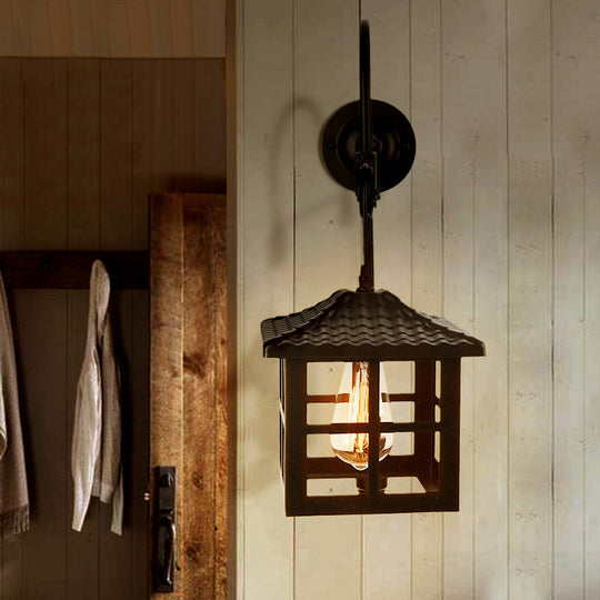 Farmhouse-Style Metal Wall Lamp With Pulley And 1 Light - Square/Rectangle Cage Indoor Décor In