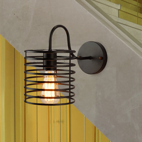 Retro Metal Cylinder Caged Wall Lamp With Gooseneck Arm - Black 8.5/9.5 Width