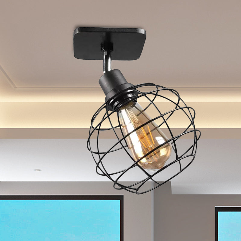 Black Metal Rotatable Ceiling Light Fixture For Restaurant - Industrial Semi Flush Mount Cage Design