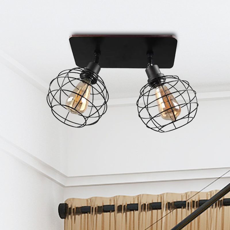 Black Metal Rotatable Ceiling Light Fixture for Restaurant - Industrial Semi Flush Mount Cage Design with 1/2/3 Heads