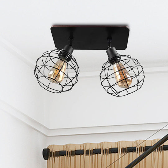 Black Metal Rotatable Ceiling Light Fixture For Restaurant - Industrial Semi Flush Mount Cage Design