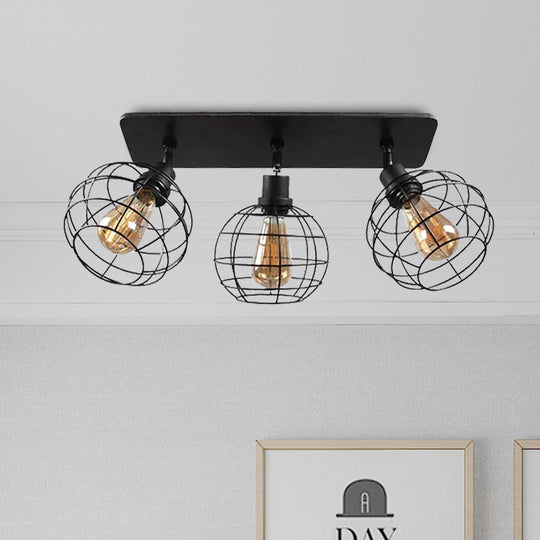 Black Metal Rotatable Ceiling Light Fixture For Restaurant - Industrial Semi Flush Mount Cage Design