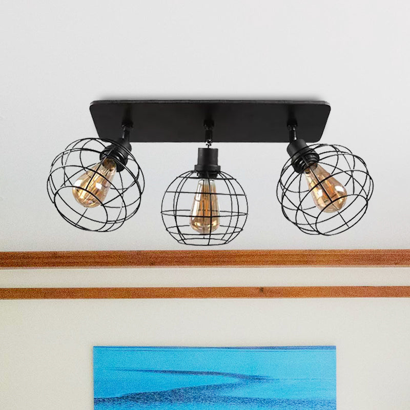 Black Metal Rotatable Ceiling Light Fixture For Restaurant - Industrial Semi Flush Mount Cage Design