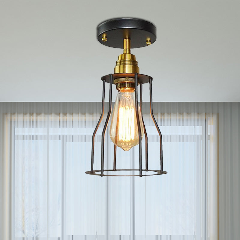 Industrial Style Wire Guard Ceiling Light - Metallic Semi Flush Brass/Antique Brass - Hallway Lighting