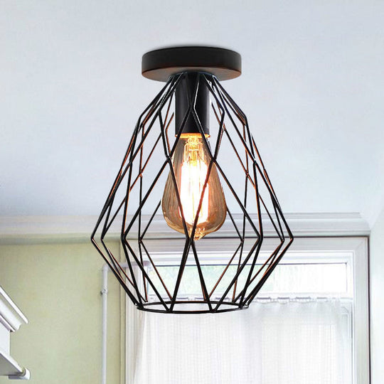 Retro Geometric Cage Ceiling Light: Stylish Iron Semi Flush Mount for Restaurants - Black Design