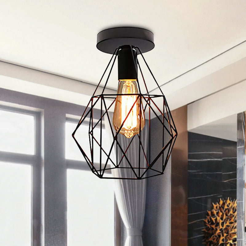 Retro Geometric Cage Ceiling Light: Stylish Iron Semi Flush Mount for Restaurants - Black Design